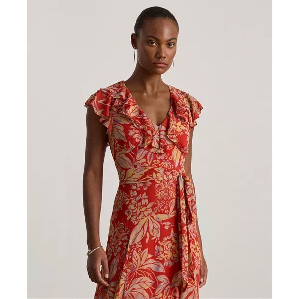 Lauren Ralph Lauren Printed Empire-Waist Shirring Long Dress Floral Red 2 - Picture 4 of 5